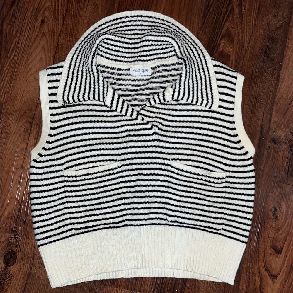 Vestique Black and White Striped Cowl Neck Sweater Vest
